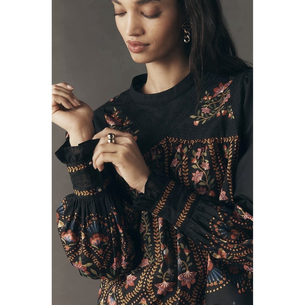 Farm Rio XL Bird Floral Lace Yoke Long Sleeve Boho Blouse - Picture 3 of 14